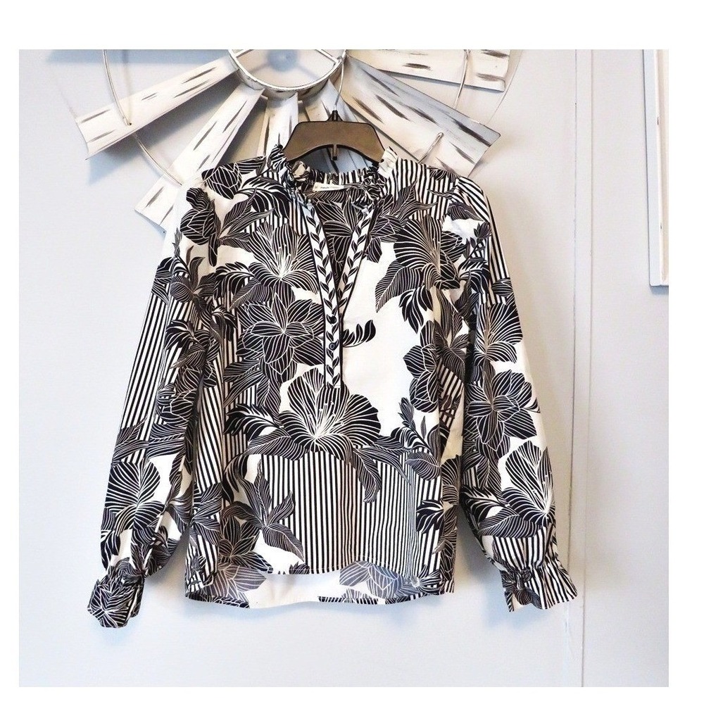 Maude Vivante Large Black & White Tropical Floral Stripe Blouse Ruffle Neck Boho
